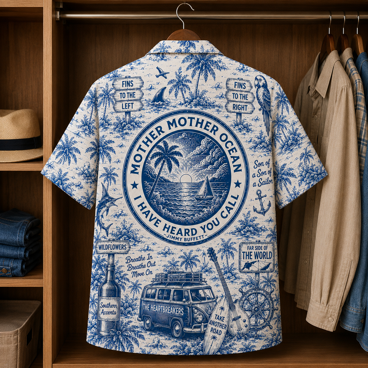 Jimmy Buffett Tropical Blue Hawaiian Shirt - Unisex Music Collage Button Up