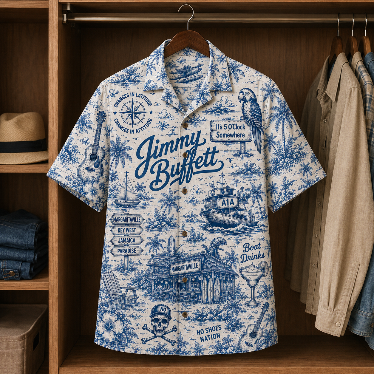 Jimmy Buffett Tropical Blue Hawaiian Shirt - Unisex Music Collage Button Up