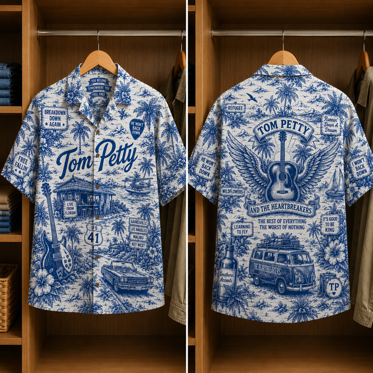 Tom Petty Tropical Blue Hawaiian Shirt - Unisex Music Collage Button Up
