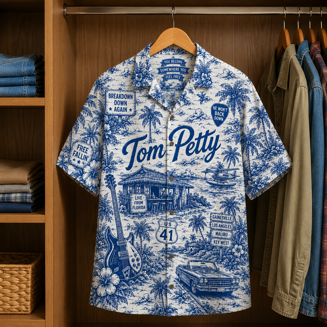 Tom Petty Tropical Blue Hawaiian Shirt - Unisex Music Collage Button Up