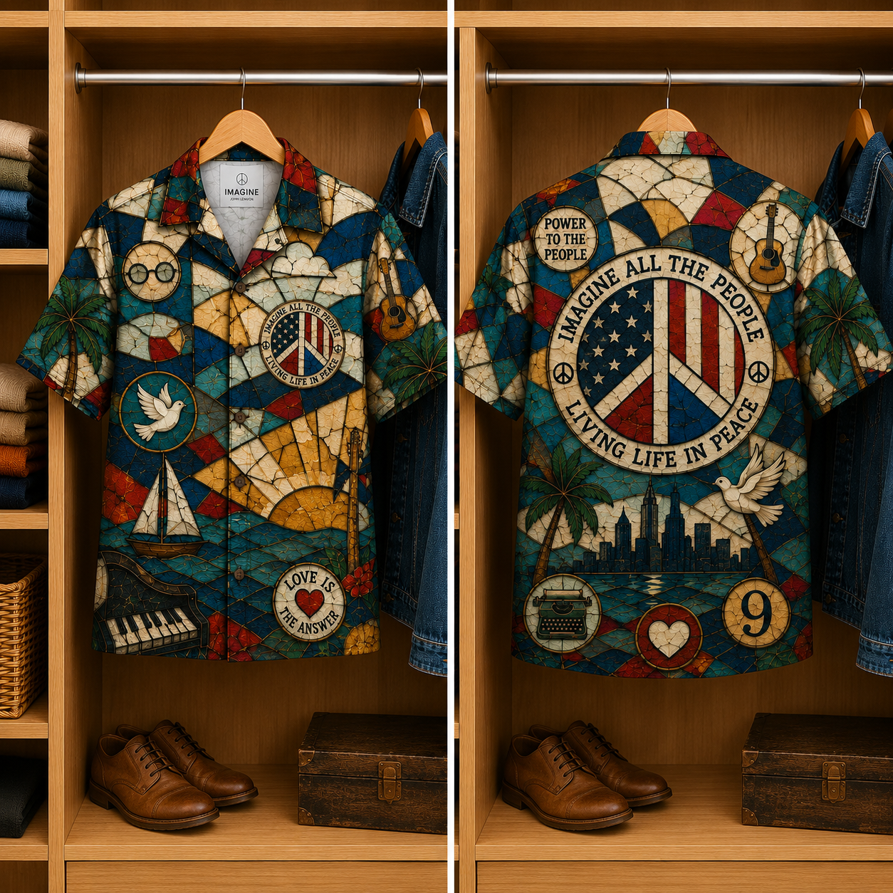 John Lenon Stained Glass Hawaiian Shirt - Unisex Music Collage Button Up