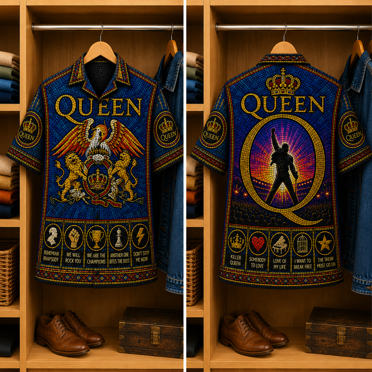 Queen Stained Glass Hawaiian Shirt - Unisex Music Collage Button Up