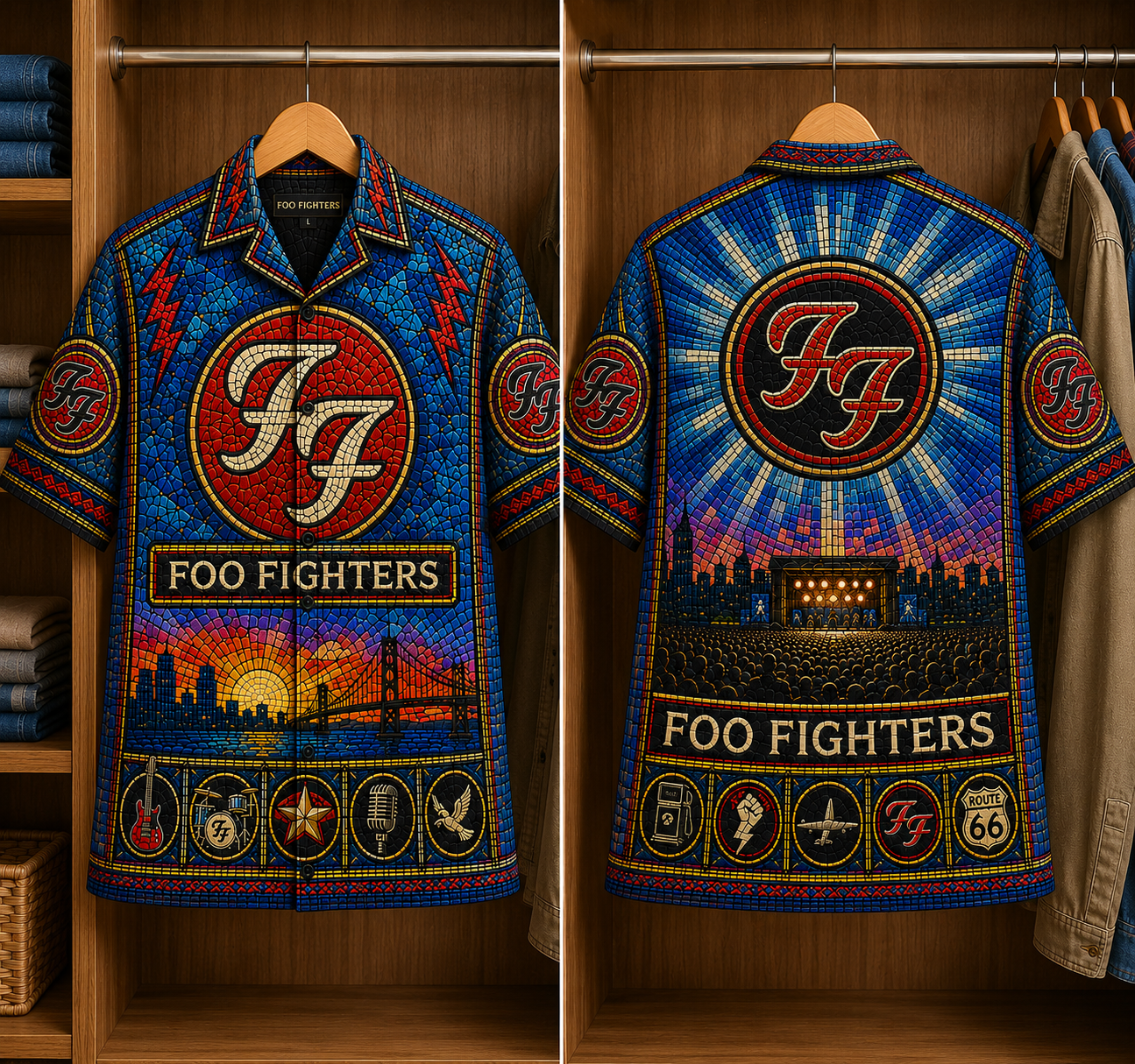 Foo Fighter Stained Glass Hawaiian Shirt - Unisex Music Collage Button Up