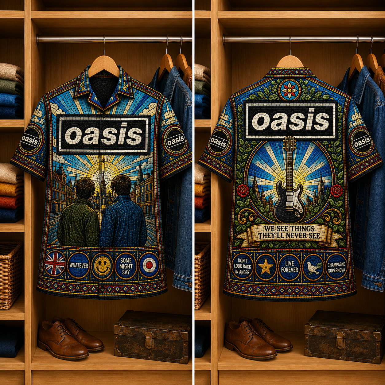 Oasis Stained Glass Hawaiian Shirt - Unisex Music Collage Button Up