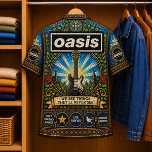 Oasis Stained Glass Hawaiian Shirt - Unisex Music Collage Button Up