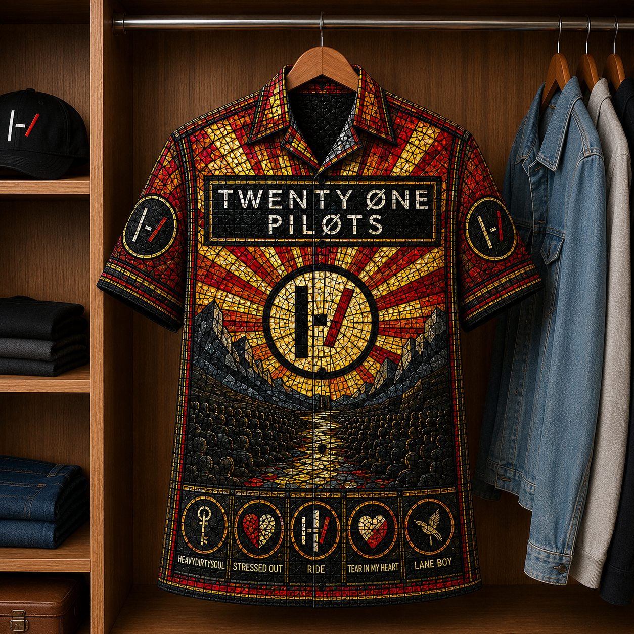 Twenty One Pilots Stained Glass Hawaiian Shirt - Unisex Music Collage Button Up