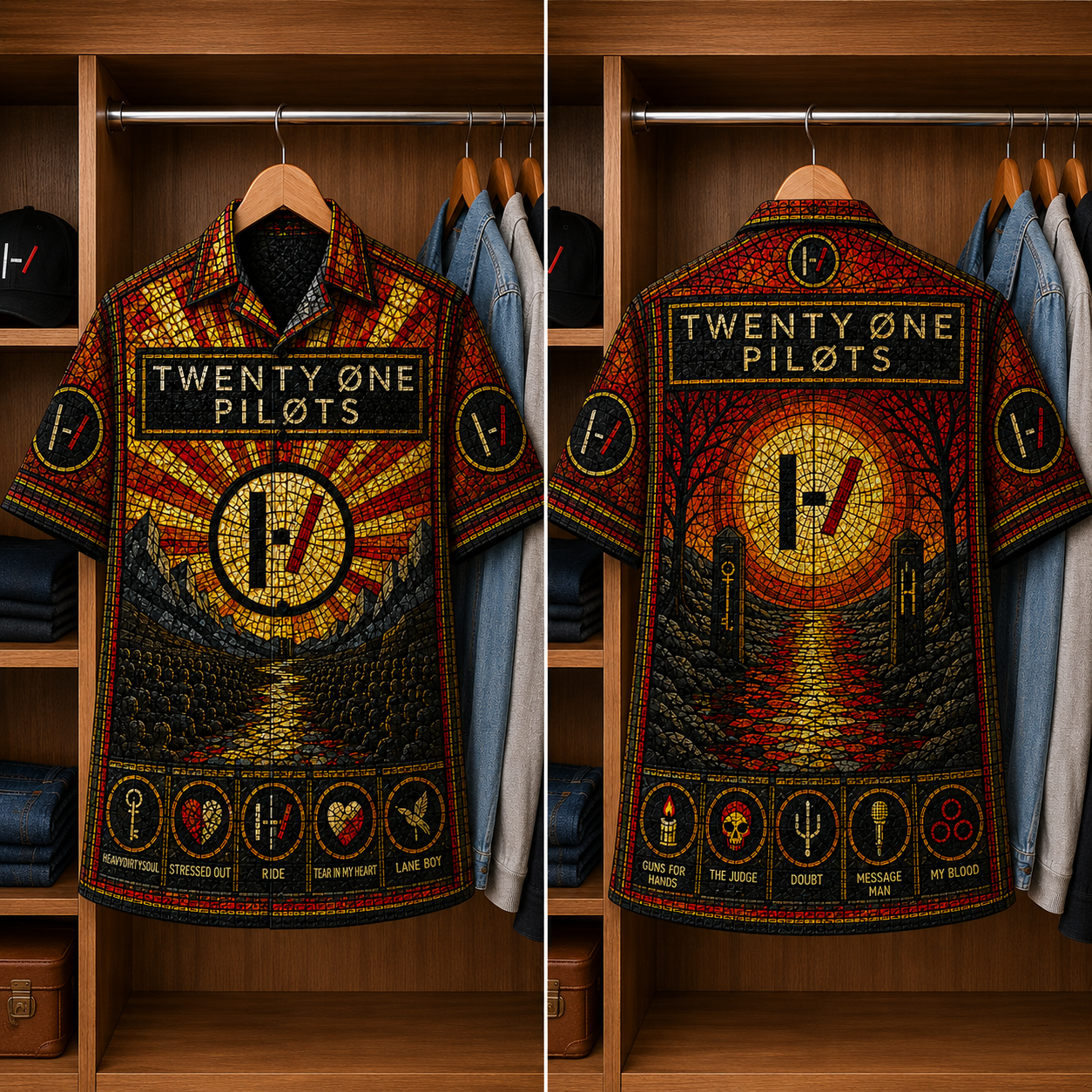 Twenty One Pilots Stained Glass Hawaiian Shirt - Unisex Music Collage Button Up