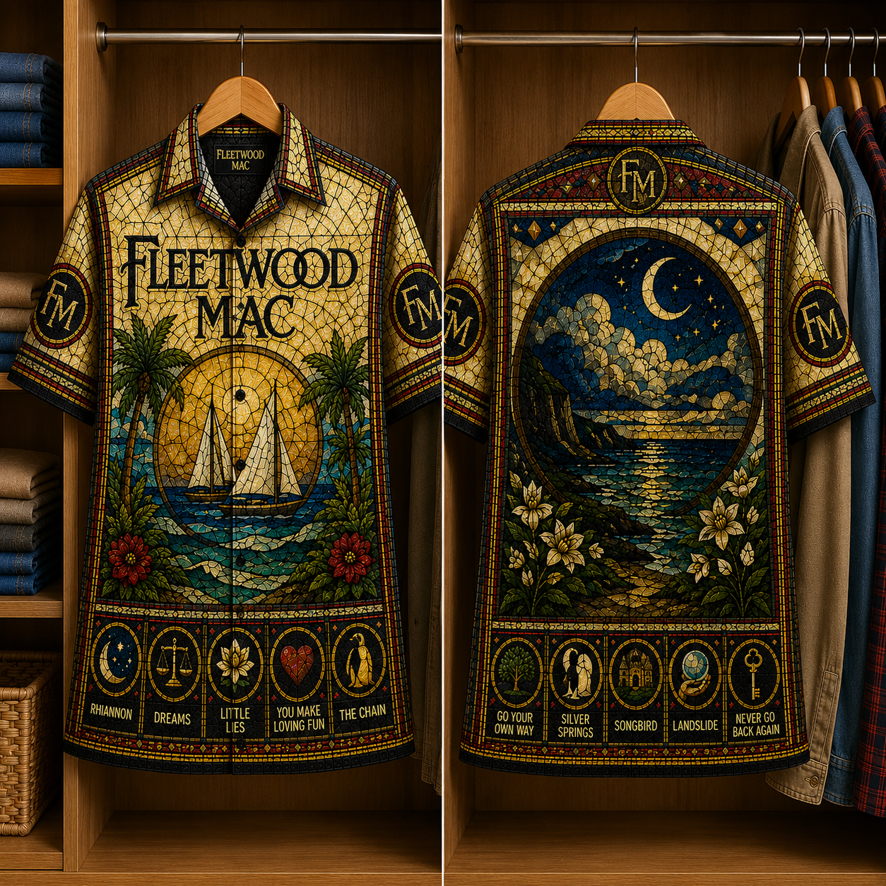 Fleet Wood Mac Stained Glass Hawaiian Shirt - Unisex Music Collage Button Up