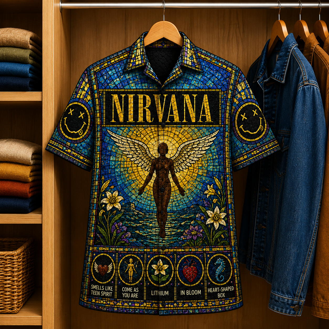 Nirvana Stained Glass Hawaiian Shirt - Unisex Music Collage Button Up