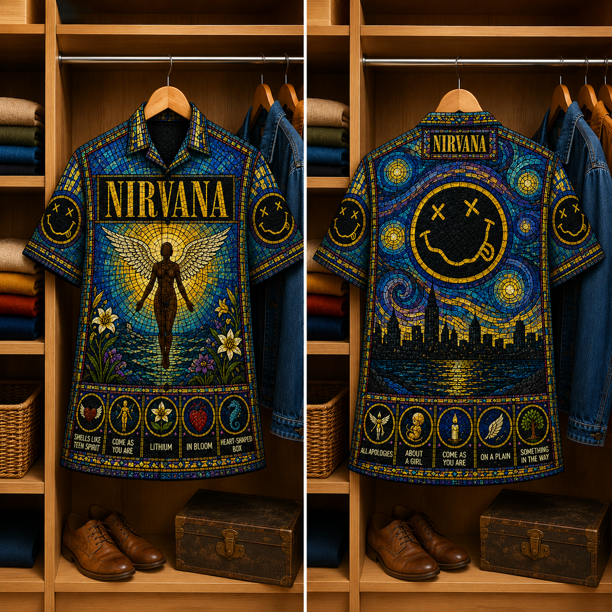 Nirvana Stained Glass Hawaiian Shirt - Unisex Music Collage Button Up