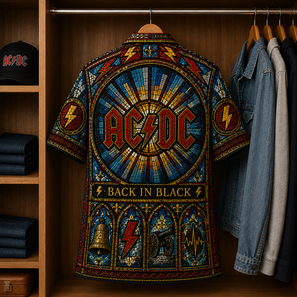 ACDC Stained Glass Hawaiian Shirt - Unisex Music Collage Button Up
