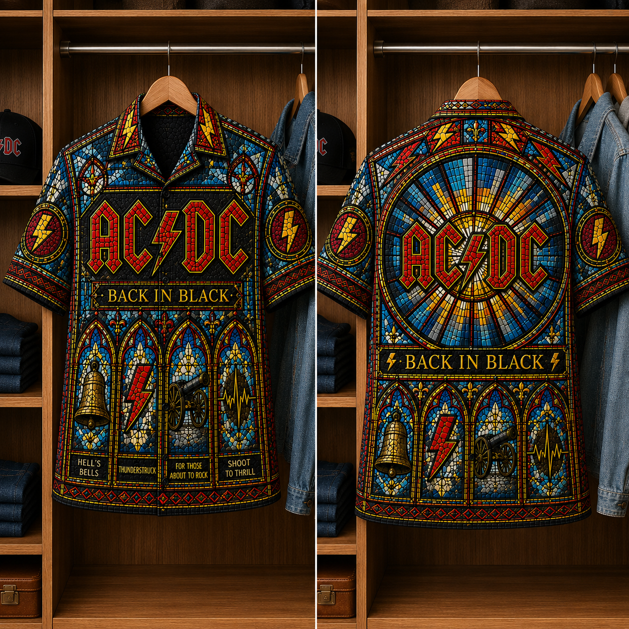ACDC Stained Glass Hawaiian Shirt - Unisex Music Collage Button Up