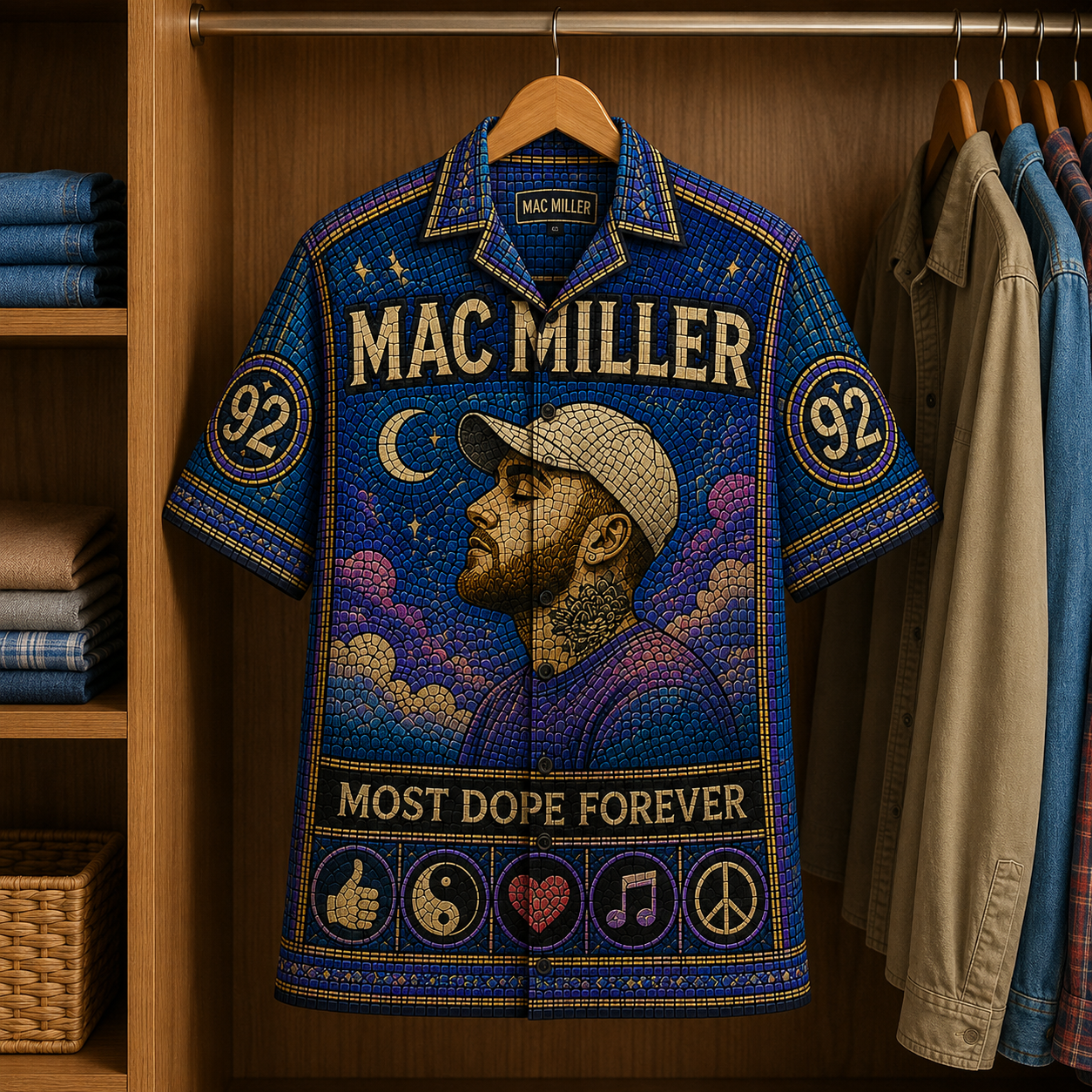 Mac Miller Stained Glass Hawaiian Shirt - Unisex Music Collage Button Up