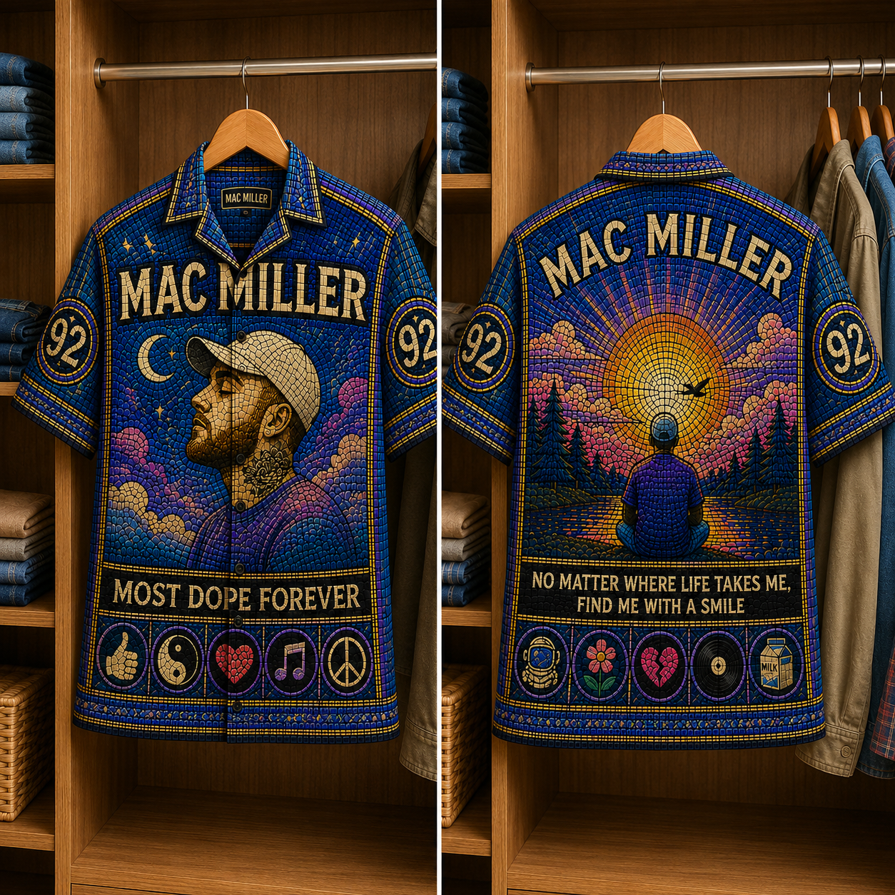 Mac Miller Stained Glass Hawaiian Shirt - Unisex Music Collage Button Up