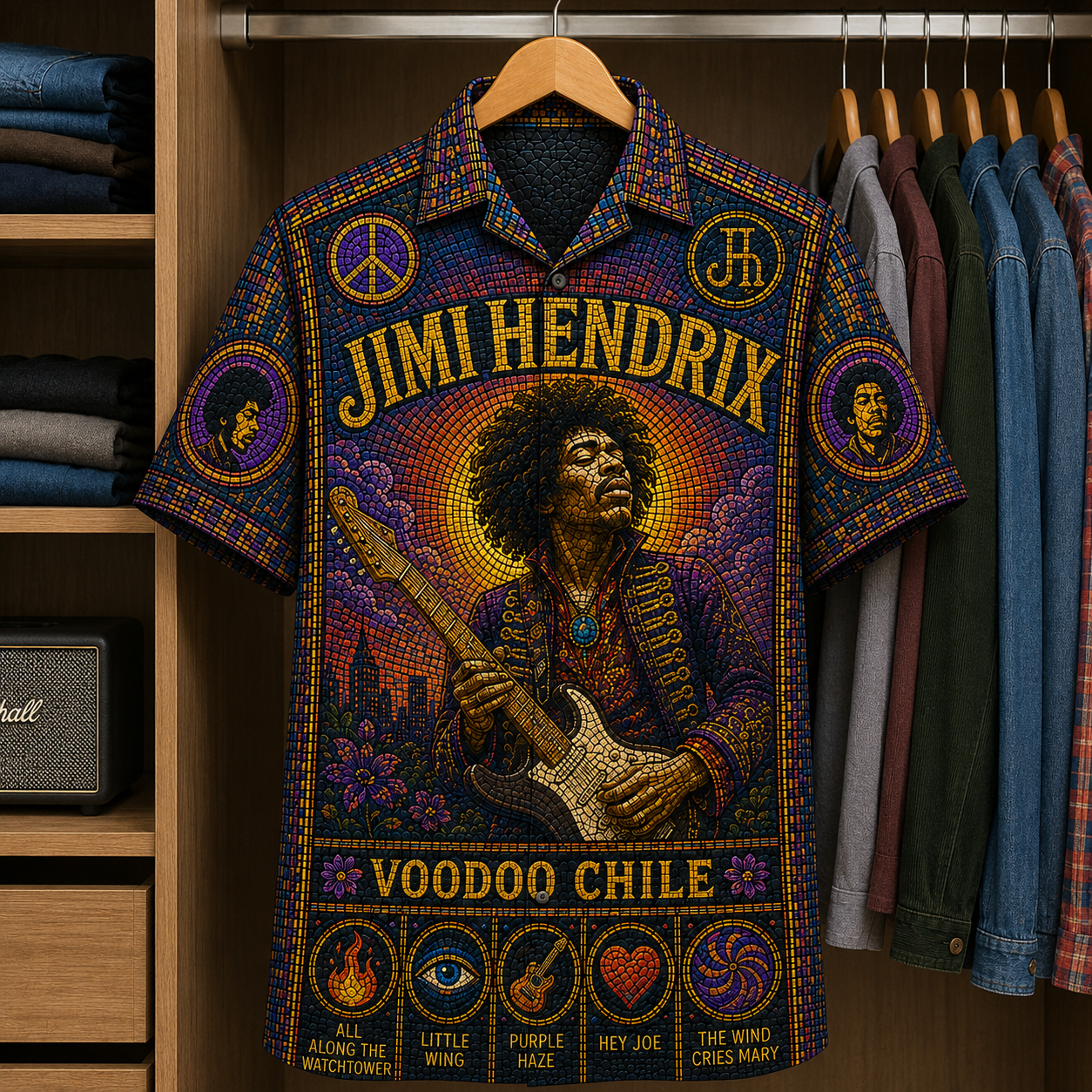 Jimi Hendrix Stained Glass Hawaiian Shirt - Unisex Button Up