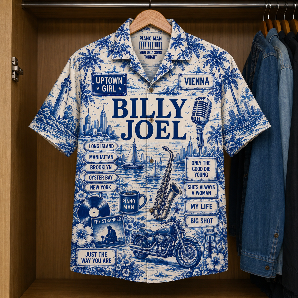 Billy Joel Tropical Blue Hawaiian Shirt - Unisex Music Collage Button Up