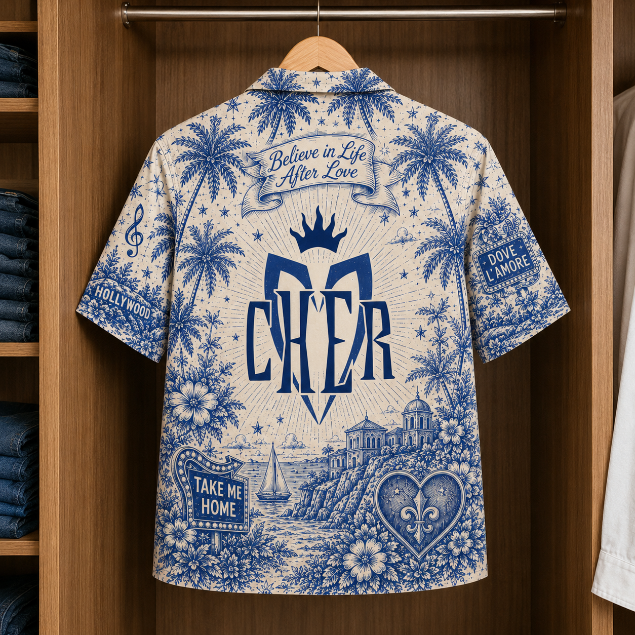 Cher Tropical Blue Hawaiian Shirt - Unisex Music Collage Button Up