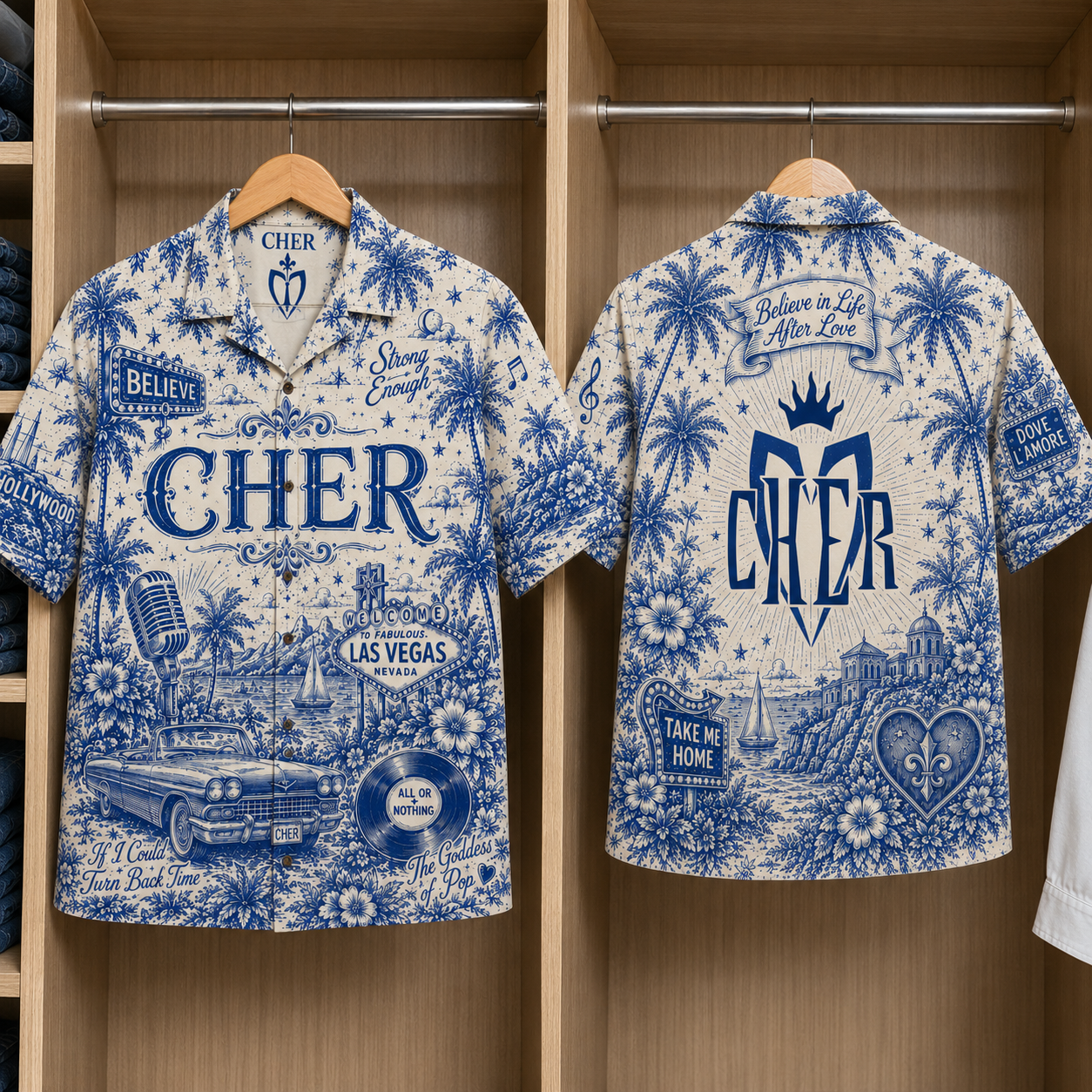Cher Tropical Blue Hawaiian Shirt - Unisex Music Collage Button Up
