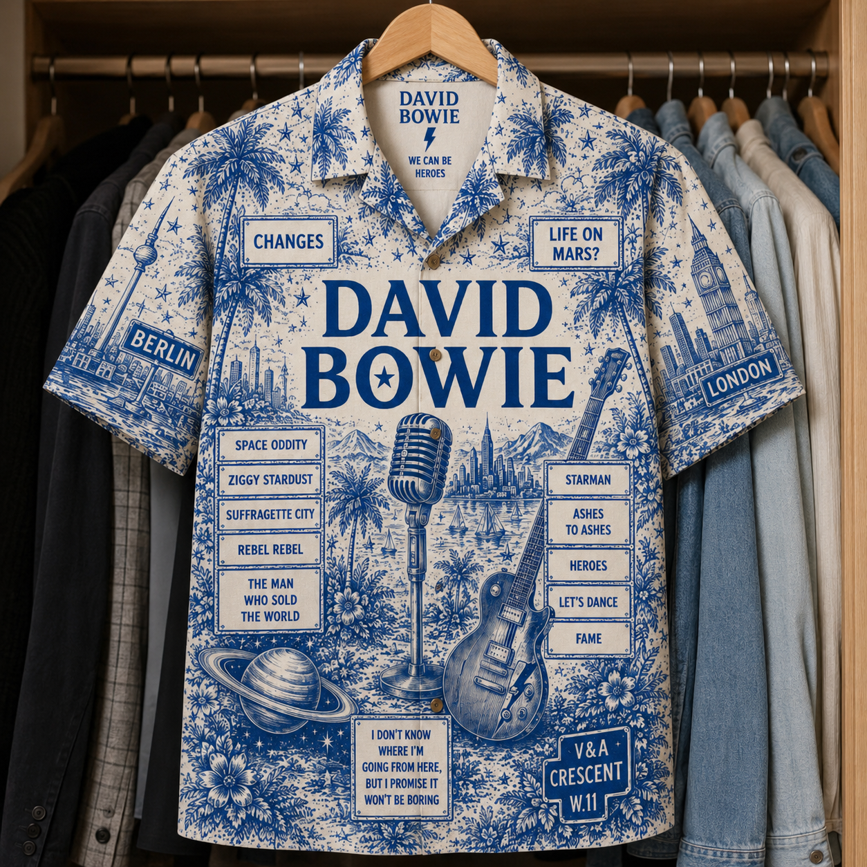 David Bowie Tropical Blue Hawaiian Shirt - Unisex Music Collage Button Up