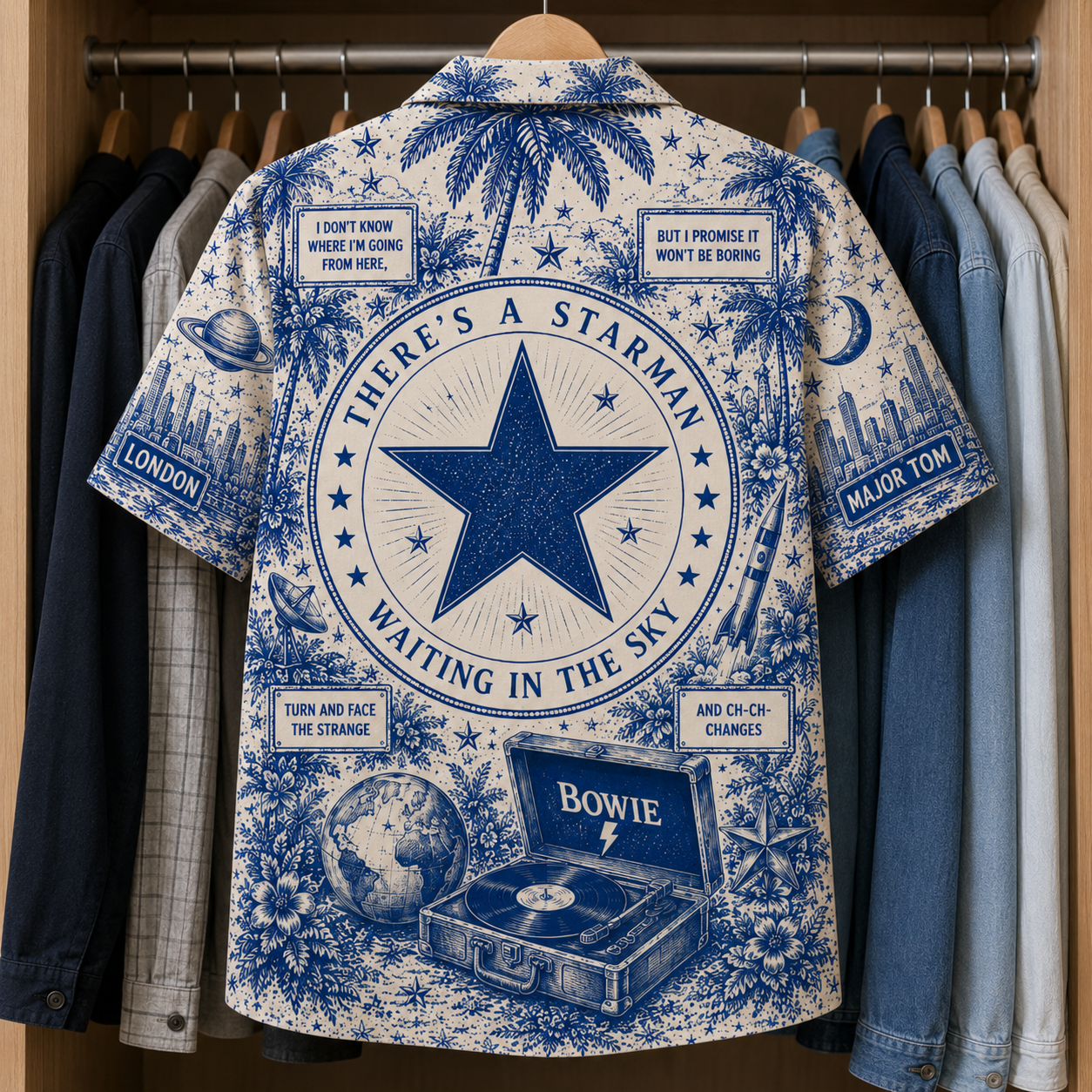 David Bowie Tropical Blue Hawaiian Shirt - Unisex Music Collage Button Up