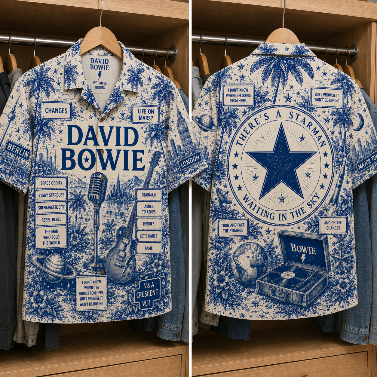David Bowie Tropical Blue Hawaiian Shirt - Unisex Music Collage Button Up