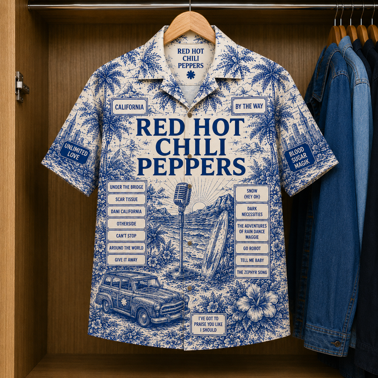 Red Hot Chili Peppers Tropical Blue Hawaiian Shirt - Unisex Music Collage Button Up