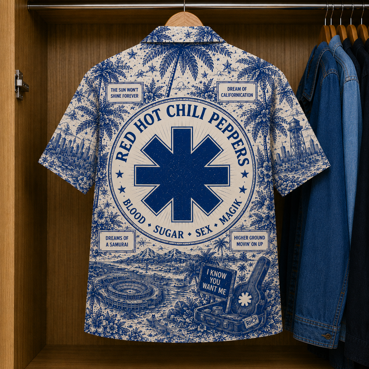 Red Hot Chili Peppers Tropical Blue Hawaiian Shirt - Unisex Music Collage Button Up