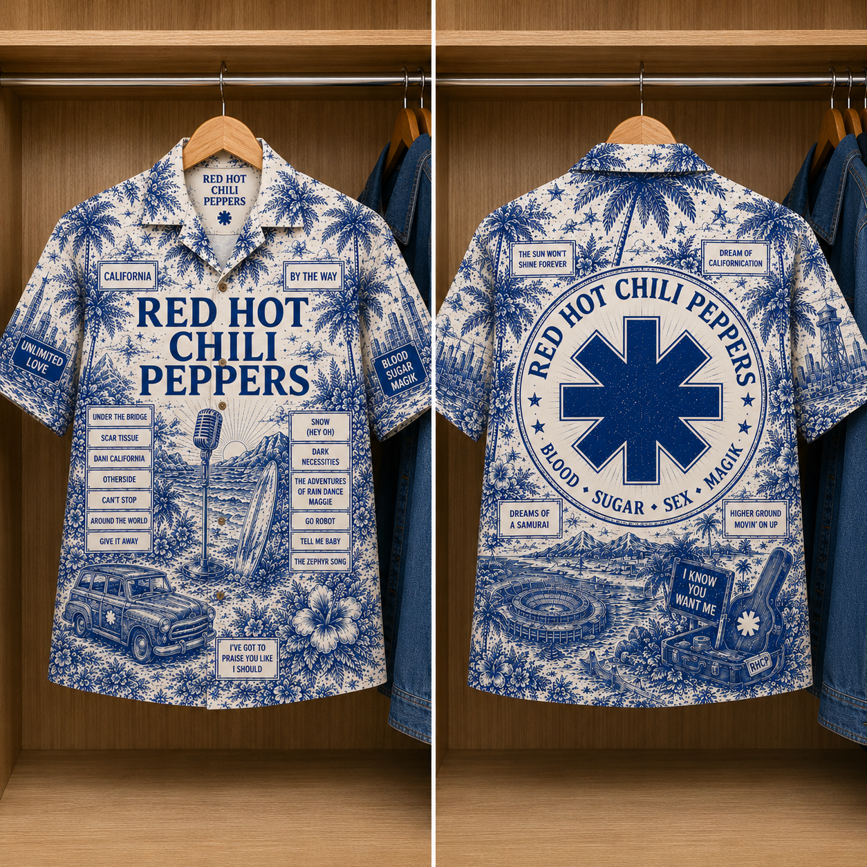 Red Hot Chili Peppers Tropical Blue Hawaiian Shirt - Unisex Music Collage Button Up