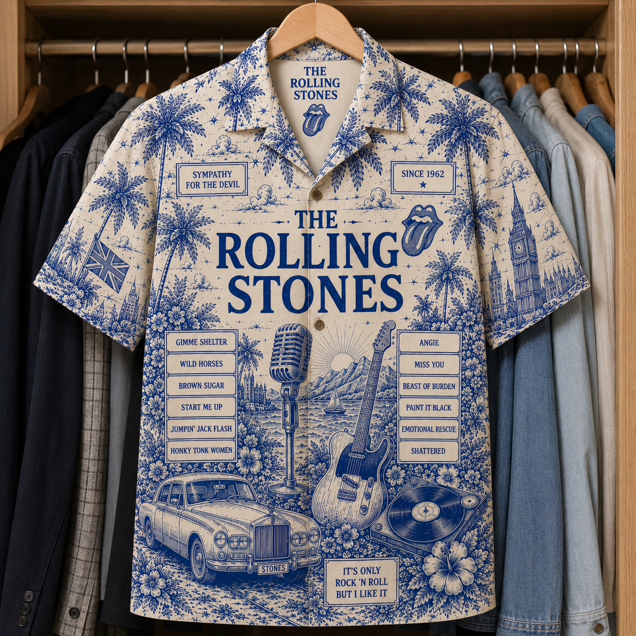 The Rolling Stone Special Edition Tropical Blue Hawaiian Shirt - Unisex Music Collage Button Up