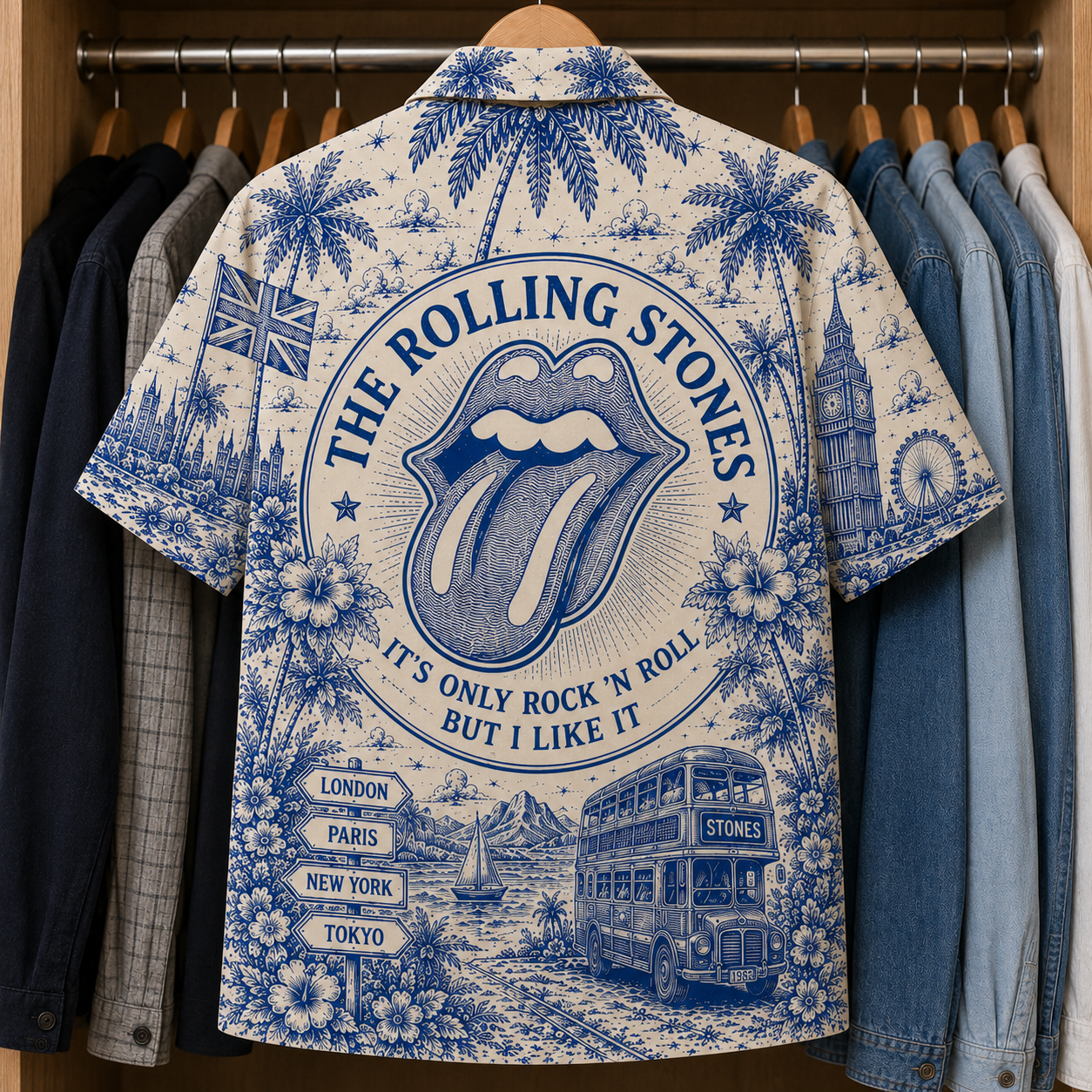 The Rolling Stone Special Edition Tropical Blue Hawaiian Shirt - Unisex Music Collage Button Up