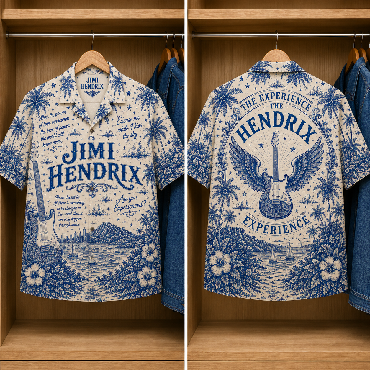 Jimmi Hendrix Special Edition Tropical Blue Hawaiian Shirt - Unisex Music Collage Button Up