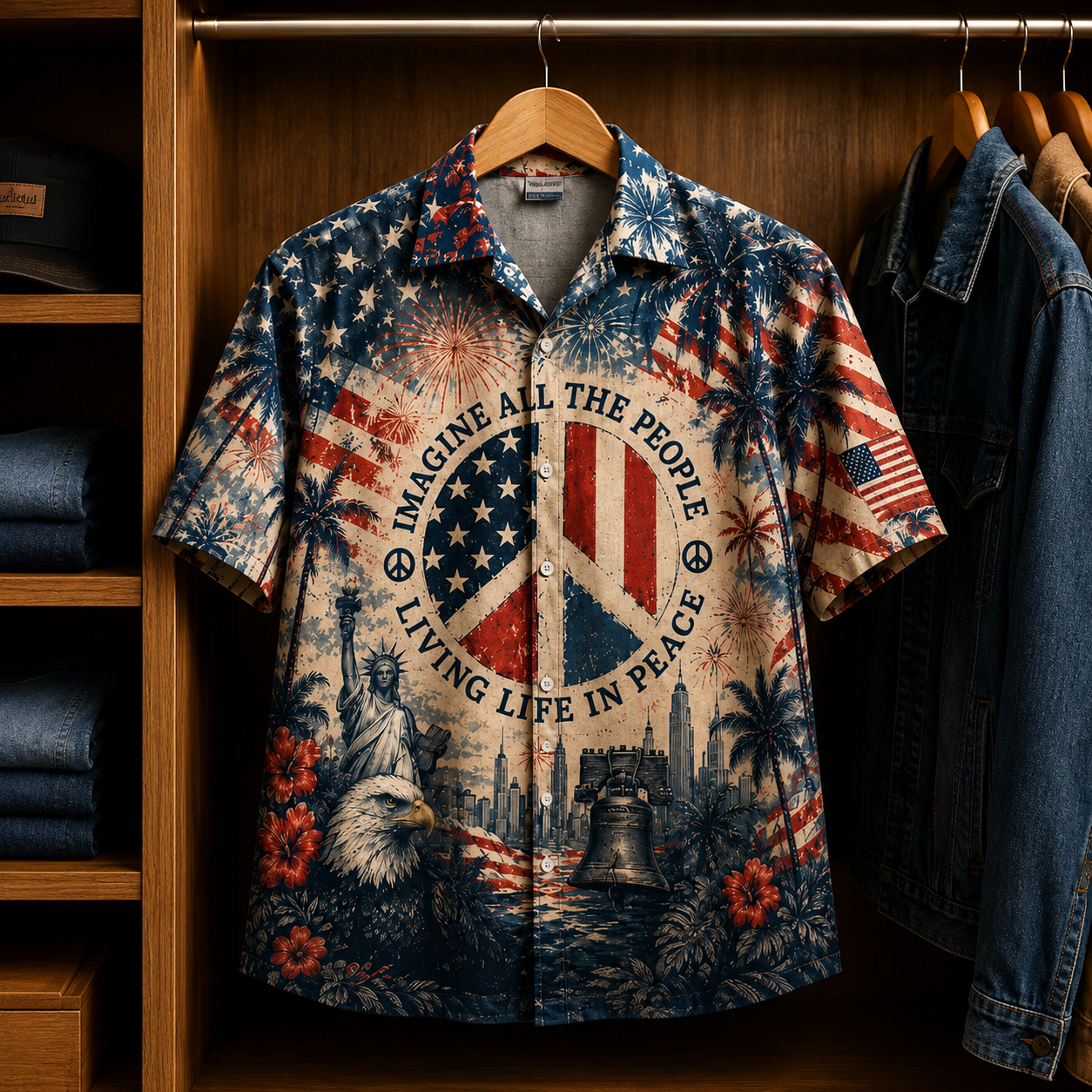 Imagine All The People Living Life In Peace Hawaiian Shirt – Patriotic Peace Sign Independence Day AOP Shirt