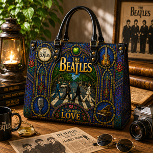 The Beatles Leather Handbag, Leather Tote Bag, Leather Wallet Set - Stained Glass The Beatles Band Fan Gift, Luxury Rock Music Accessories