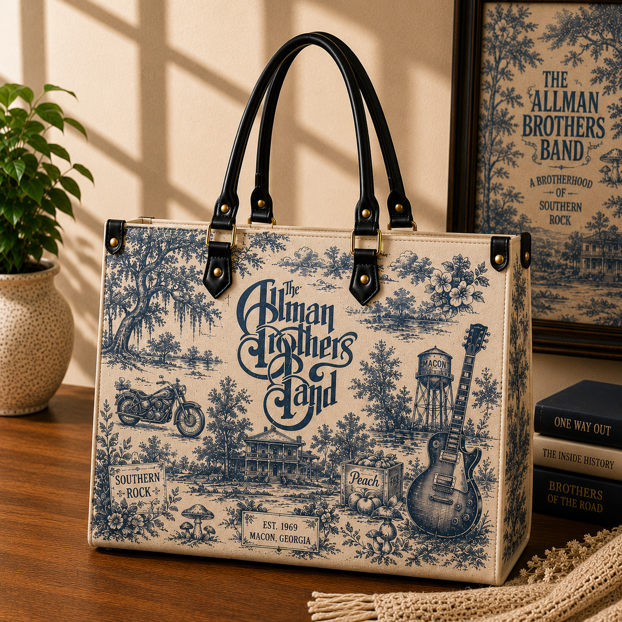 The Allman Brothers Band Vintage Toile Leather Handbag, Leather Tote Bag, Leather Wallet Set - Luxury Rock Music Accessories