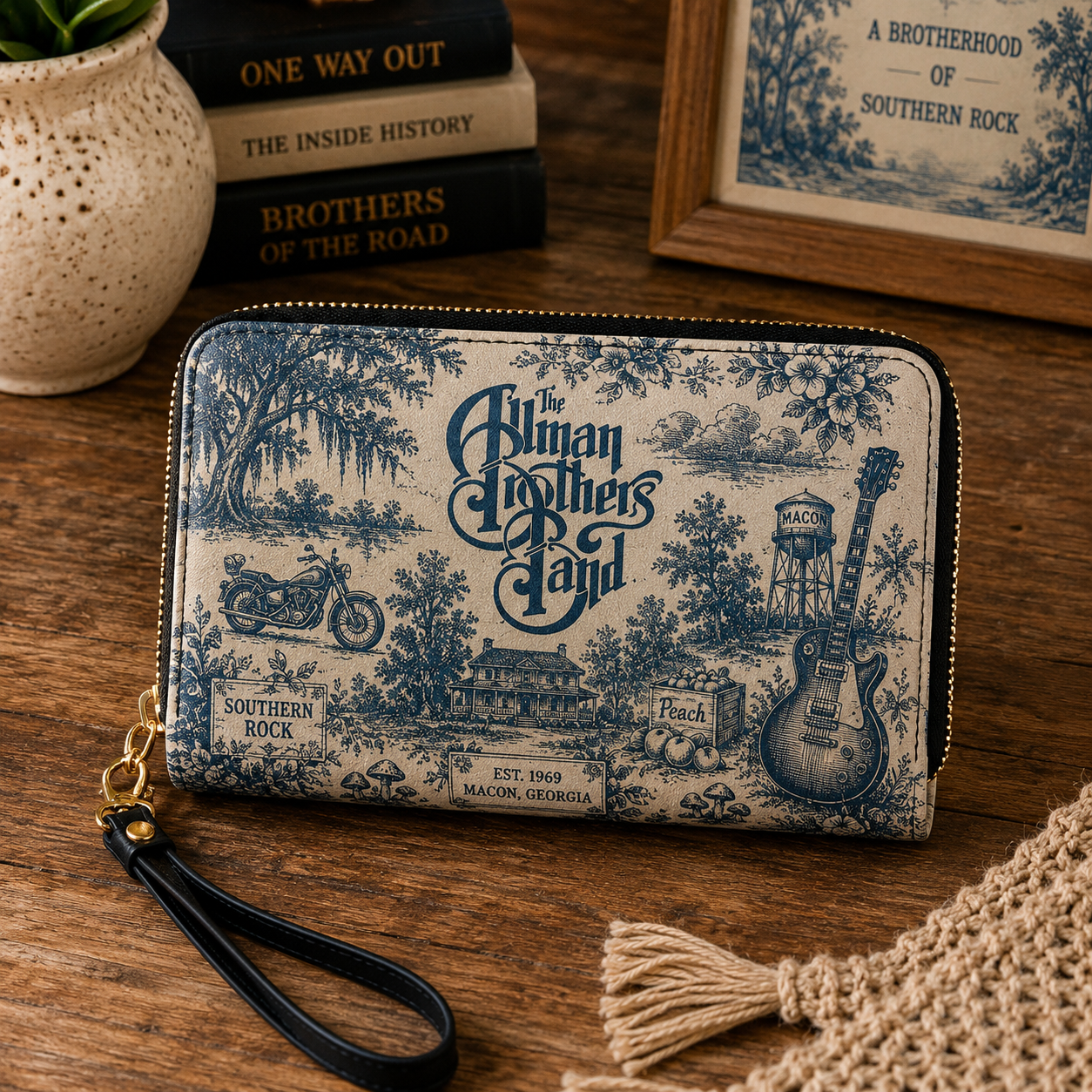 The Allman Brothers Band Vintage Toile Leather Handbag, Leather Tote Bag, Leather Wallet Set - Luxury Rock Music Accessories