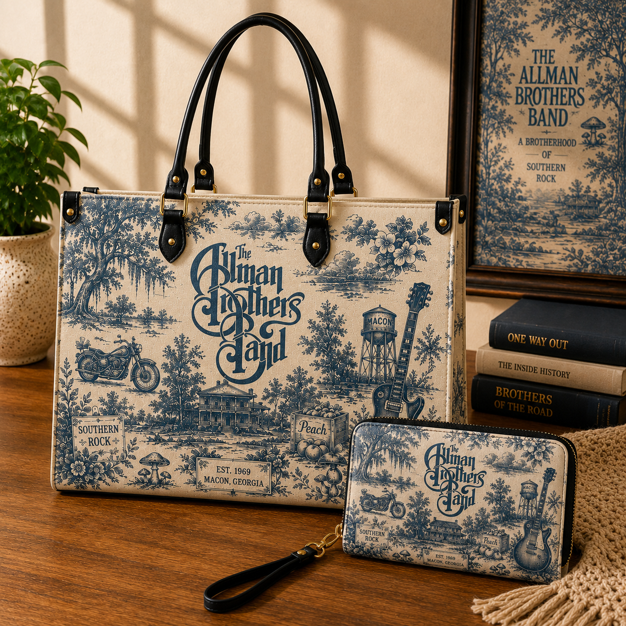 The Allman Brothers Band Vintage Toile Leather Handbag, Leather Tote Bag, Leather Wallet Set - Luxury Rock Music Accessories