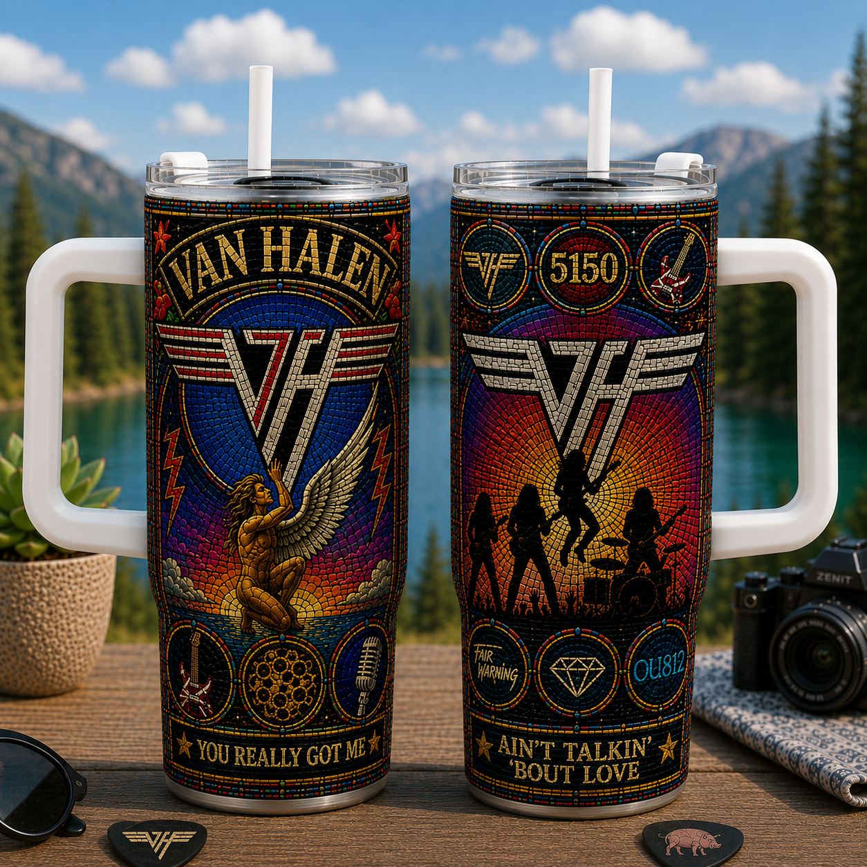 Van Halen 20oz & 40oz Stained Glass Stainless Steel Tumbler Classic Rock Travel Mug Withj Lid and Straw