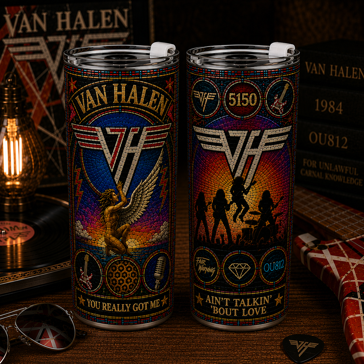 Van Halen 20oz & 40oz Stained Glass Stainless Steel Tumbler Classic Rock Travel Mug Withj Lid and Straw
