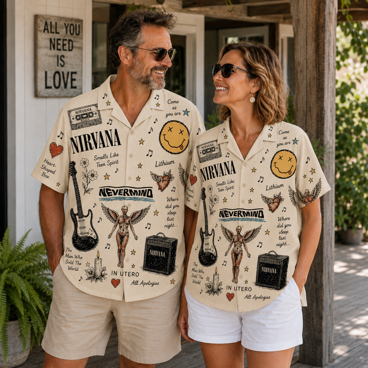 Nirvana Vintage Sketch Hawaiian Shirt - Nevermind Button Up Shirt with Smiley Face, In Utero Angel and Classic Grunge Artwork