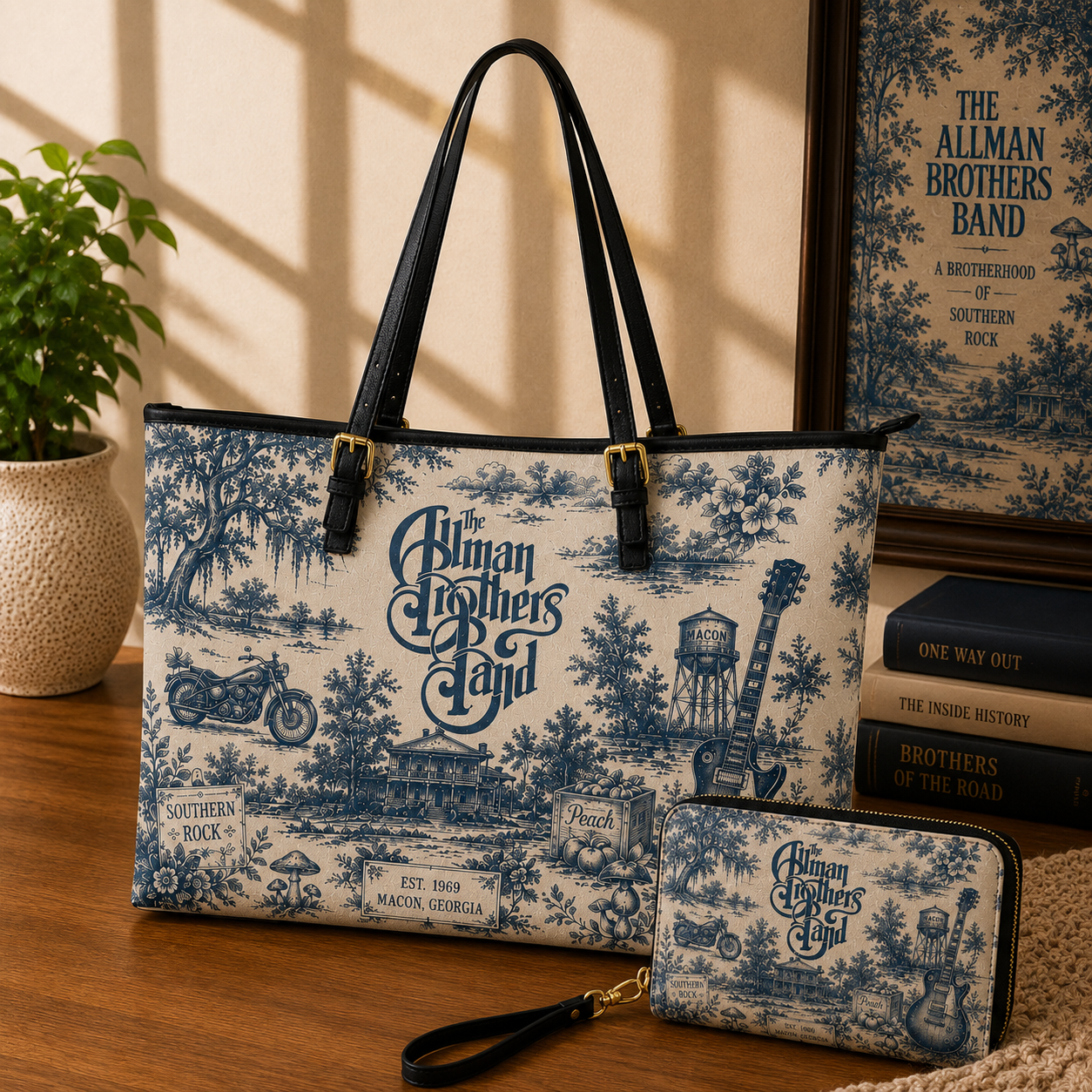 The Allman Brothers Band Vintage Toile Leather Handbag, Leather Tote Bag, Leather Wallet Set - Luxury Rock Music Accessories