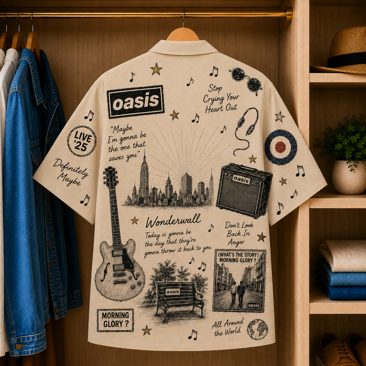 Oasis Vintage Sketch Hawaiian Shirt - Wonderwall Button Up Shirt with Definitely Maybe and Morning Glory Inspired Artwork