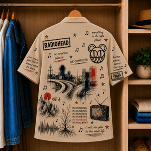 Radiohead Vintage Sketch Hawaiian Shirt - OK Computer Button Up Shirt with Kid A, In Rainbows and Alternative Rock Artwork