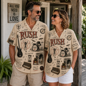 Rush Vintage Sketch Hawaiian Shirt - 2112 Button Up Shirt with Tom Sawyer, Limelight and Progressive Rock Artwork