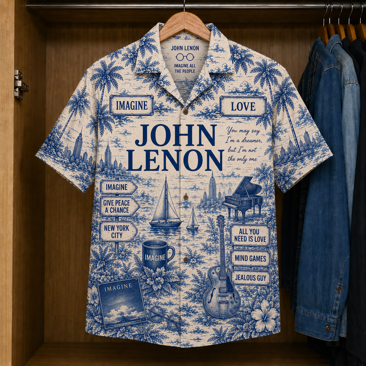 John Lennon Hawaiian Shirt – Vintage Tropical Toile Button-Up Featuring Imagine, Give Peace a Chance & New York-Inspired Artwork