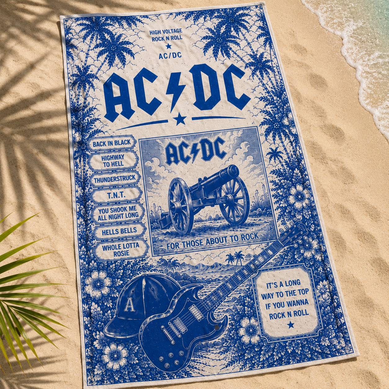 AC/DC Beach Towel - Vintage Blue Toile Rock Band Towel - AC/DC Cannon Guitar Artwork - Music Lover Beach Blanket