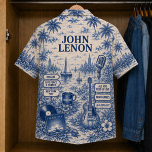 John Lennon Hawaiian Shirt – Vintage Tropical Toile Button-Up Featuring Imagine, Give Peace a Chance & New York-Inspired Artwork