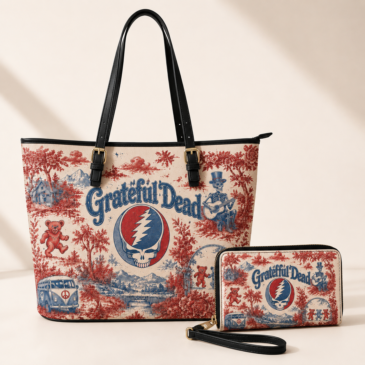 Grateful Dead Vintage Toile Leather Handbag, Leather Tote Bag, Leather Wallet Set - Luxury Rock Music Accessories