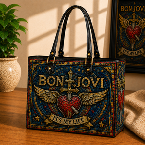 Bon Jovi Leather Handbag, Leather Tote Bag, Leather Wallet Set - Stained Glass Mosaic Bon Jovi Band Fan Gift, Luxury Rock Music Accessories