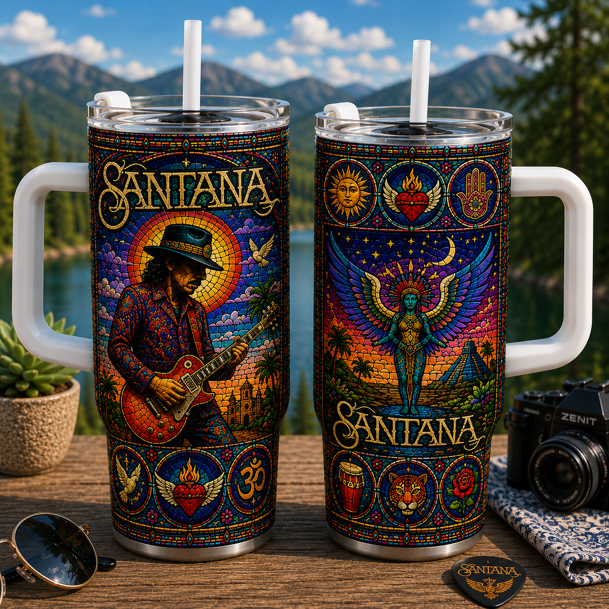 Santana 20oz & 40oz Stained Glass Stainless Steel Tumbler Latin Rock Travel Mug With Lid and Straw