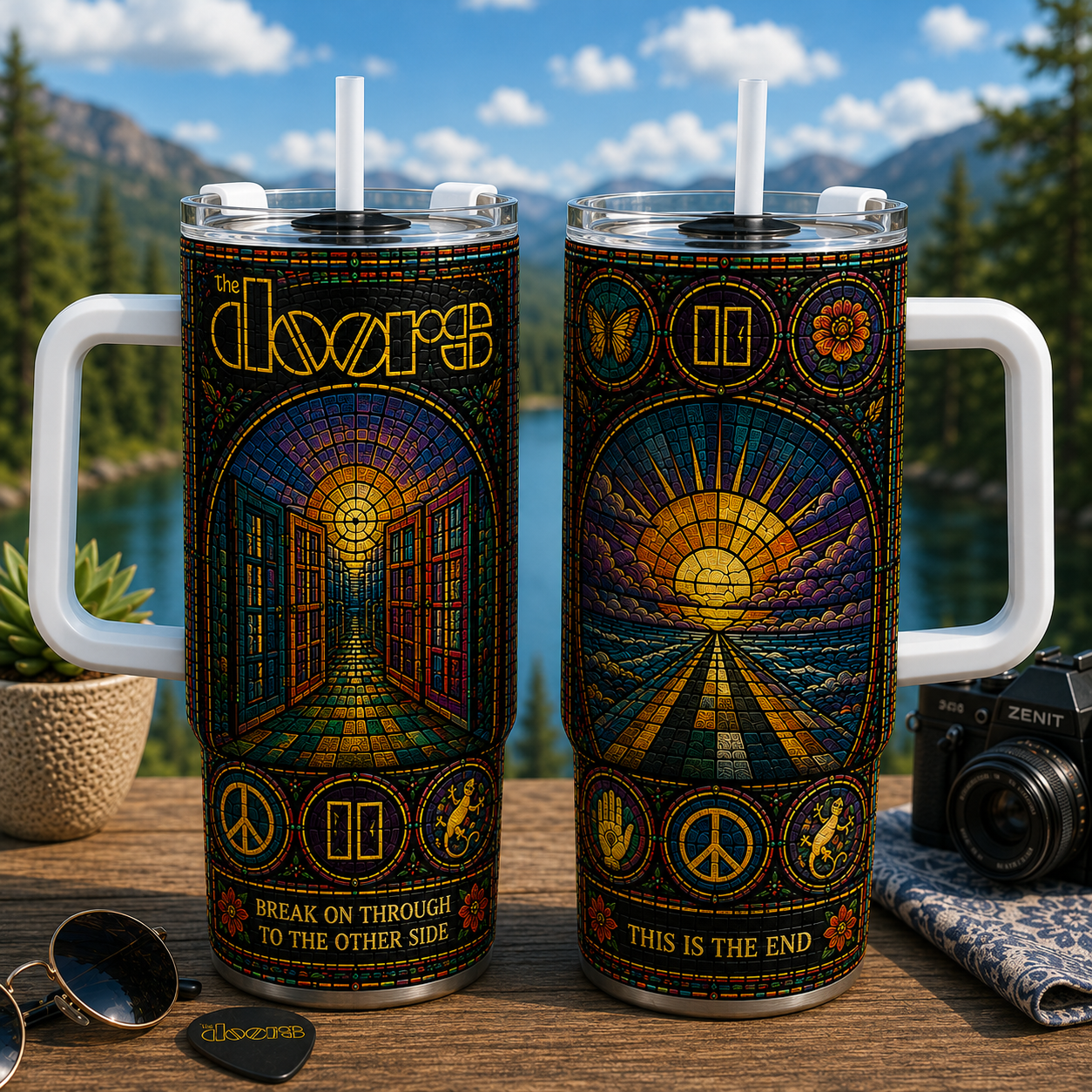 The Doors 20oz & 40oz Stained Glass Stainless Steel Tumbler Psychedelic Rock Travel Mug With Lid and Straw